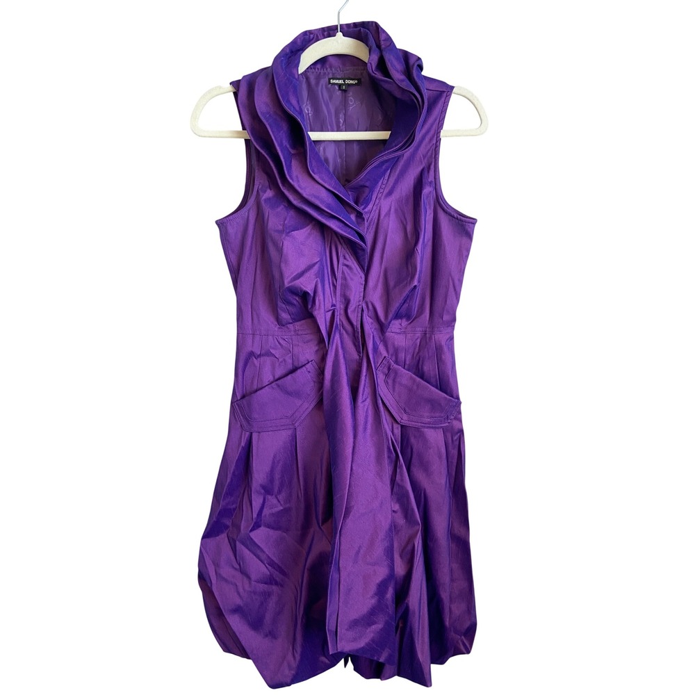 Samuel Dong Purple Bubble Hem Dress Ruffled Portrait Collar Avant Garde Small